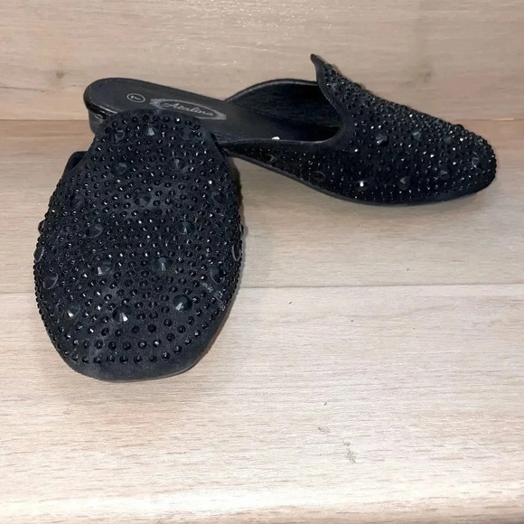 ATALENA  BLSCK RHINESTONE JEWELED EMBELLISHED CUSHIONED BLACK MULES SIZE 7 - Picture 3 of 10